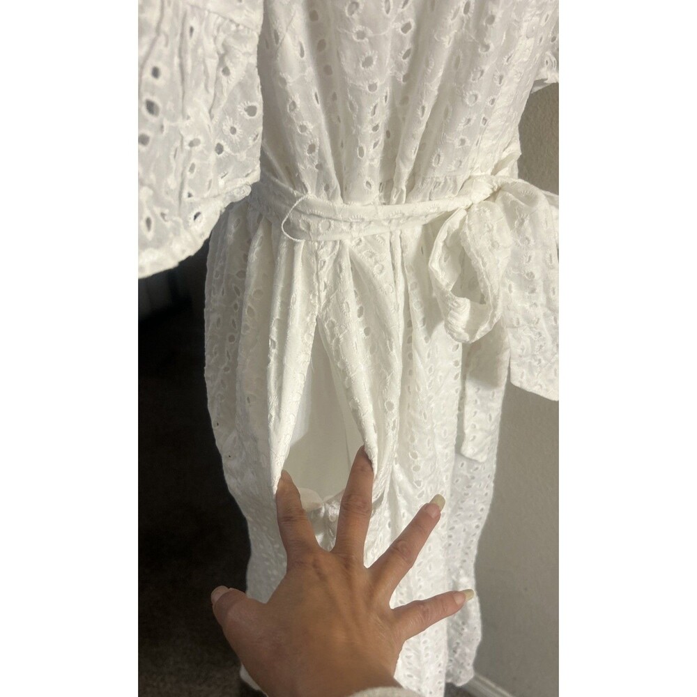 Sugarlips Kaylie Eyelet Sz M White Button Down Ruffle Midi Belted Cotton Dress - Picture 11 of 15